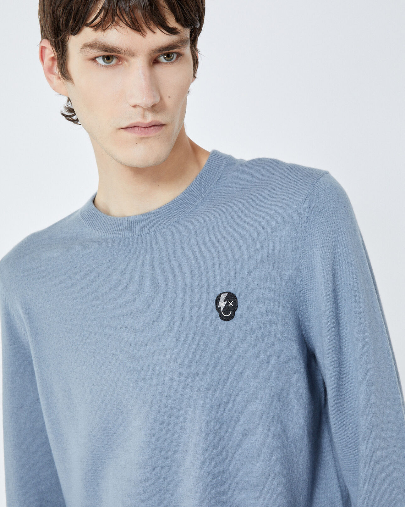 The Kooples HOMME BLUE GREY pull maille bleu gris badge tête de mort