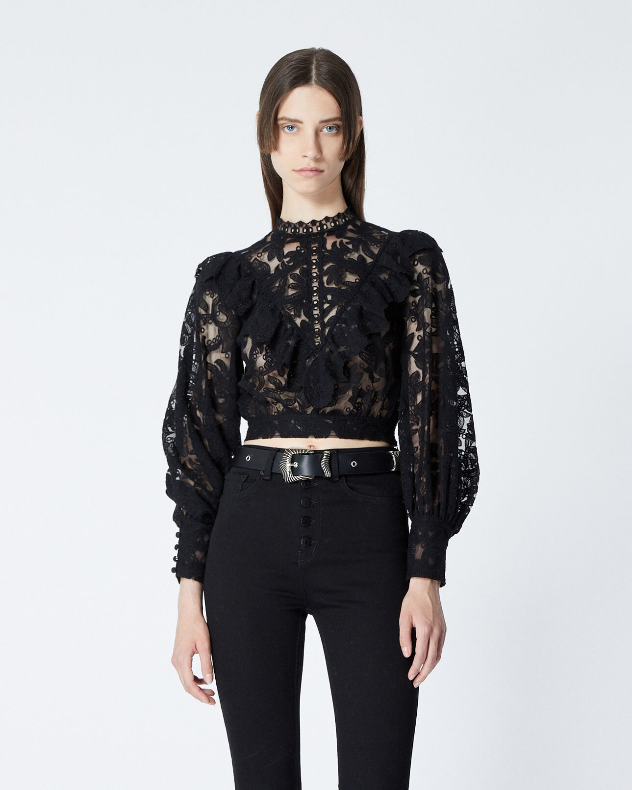 The Kooples FEMME BLACK top dentelle noir à détail plastron