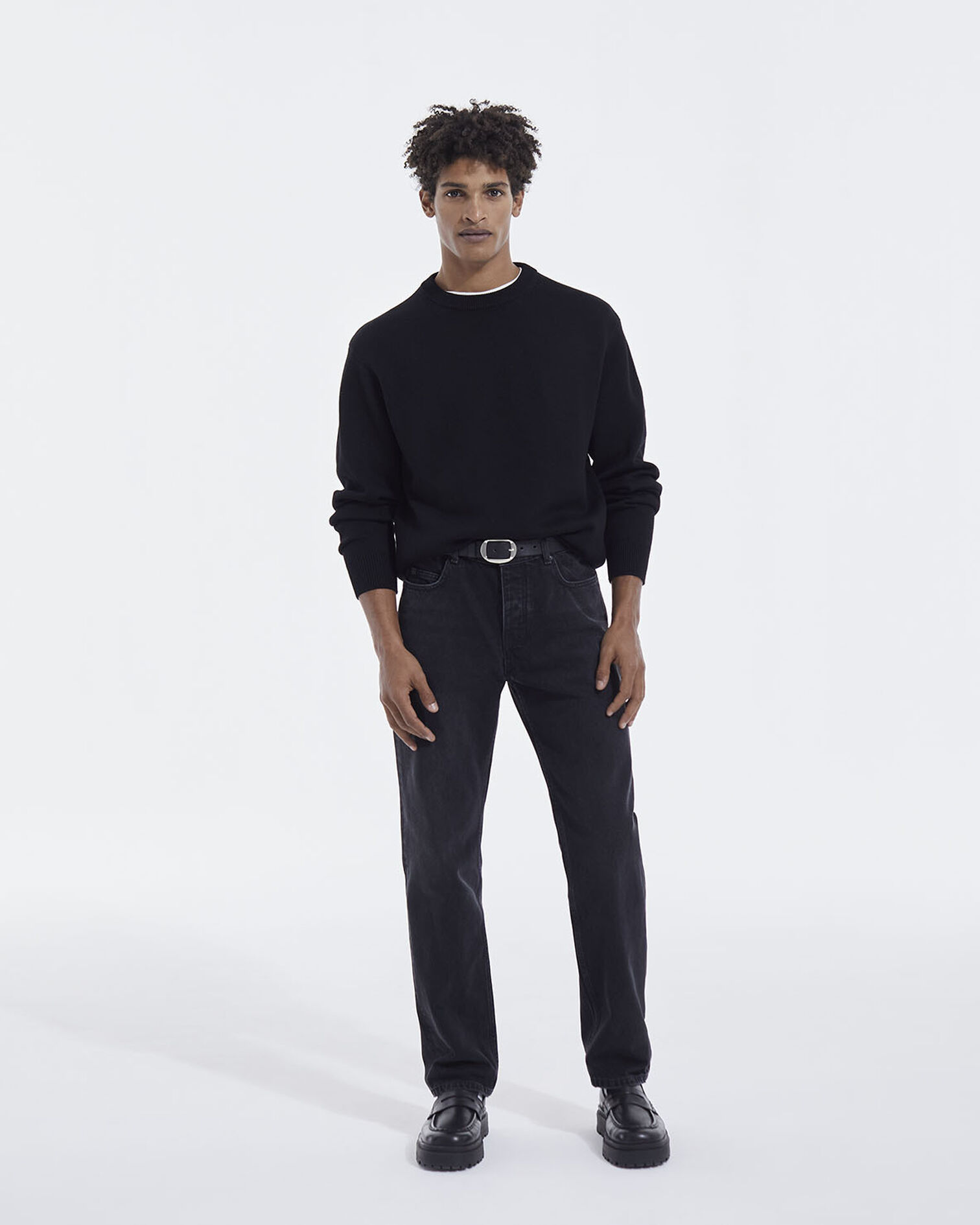 Pull maille noire col rond triple bande, BLACK, hi-res image number null