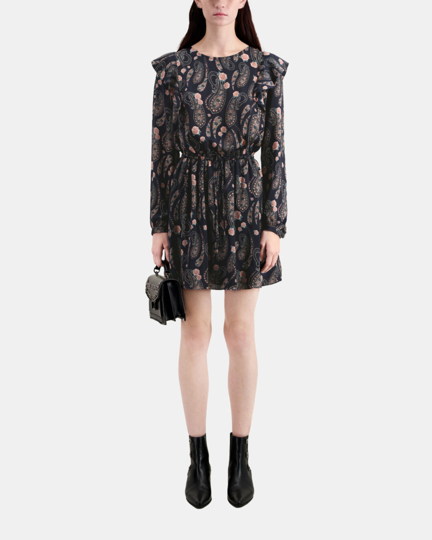 Robe courte imprimée avec volants, BLACK / PINK, hi-res image number null