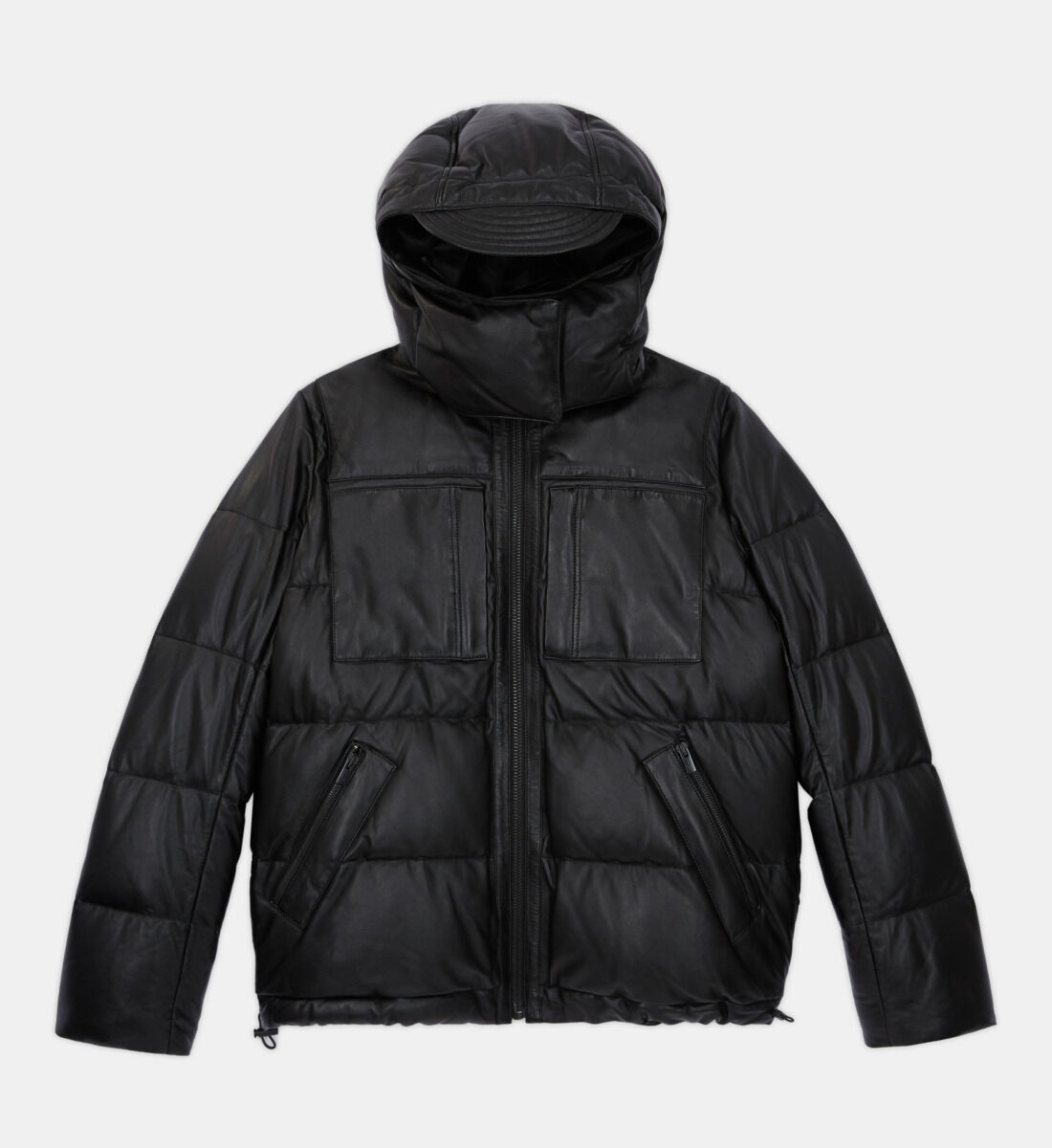 Black leather down jacket with straps and logo