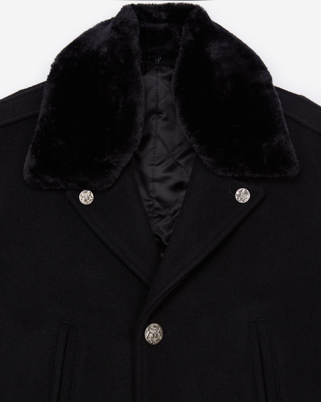The Kooples HERREN BLACK gerader schwarzer mantel mit webpelz-kragen