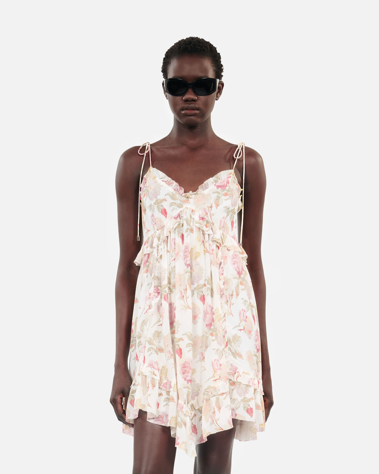 The Kooples WOMEN BEIGE / RED short floral printed silk dress