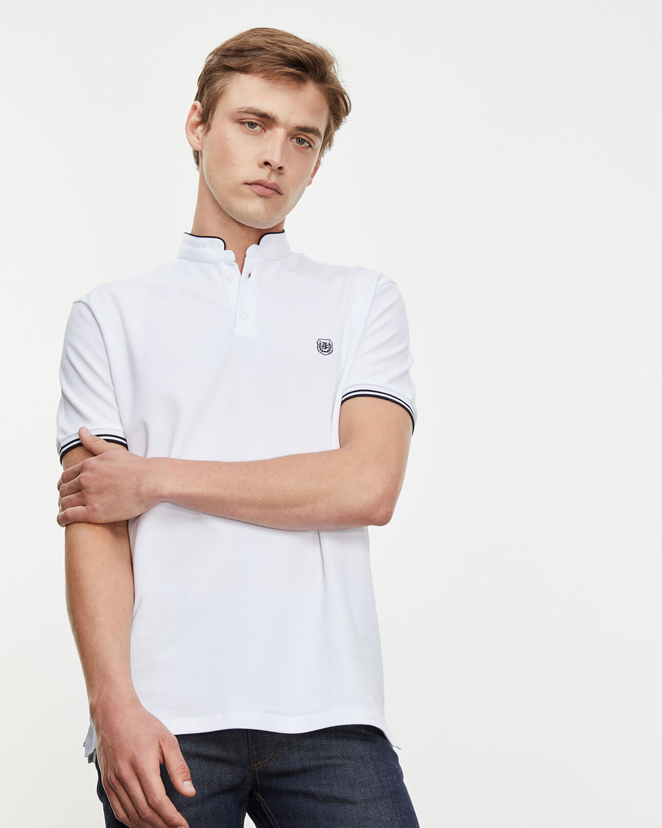 The Kooples MEN WHITE / BLACK white cotton polo with officer collar