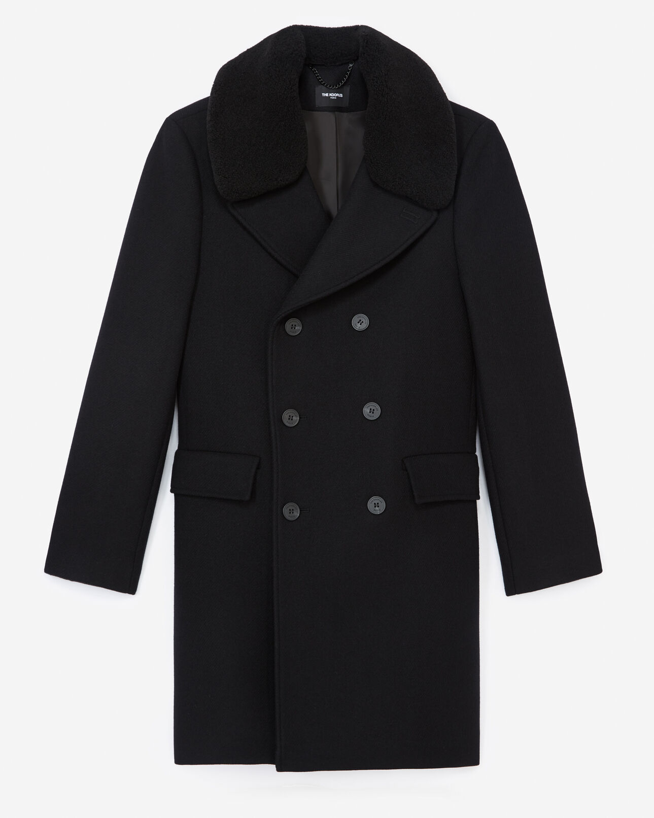 The Kooples HOMME BLACK manteau laine noire long à col mouton