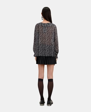 The Kooples F BLACK-ECRU printed top with ruffles