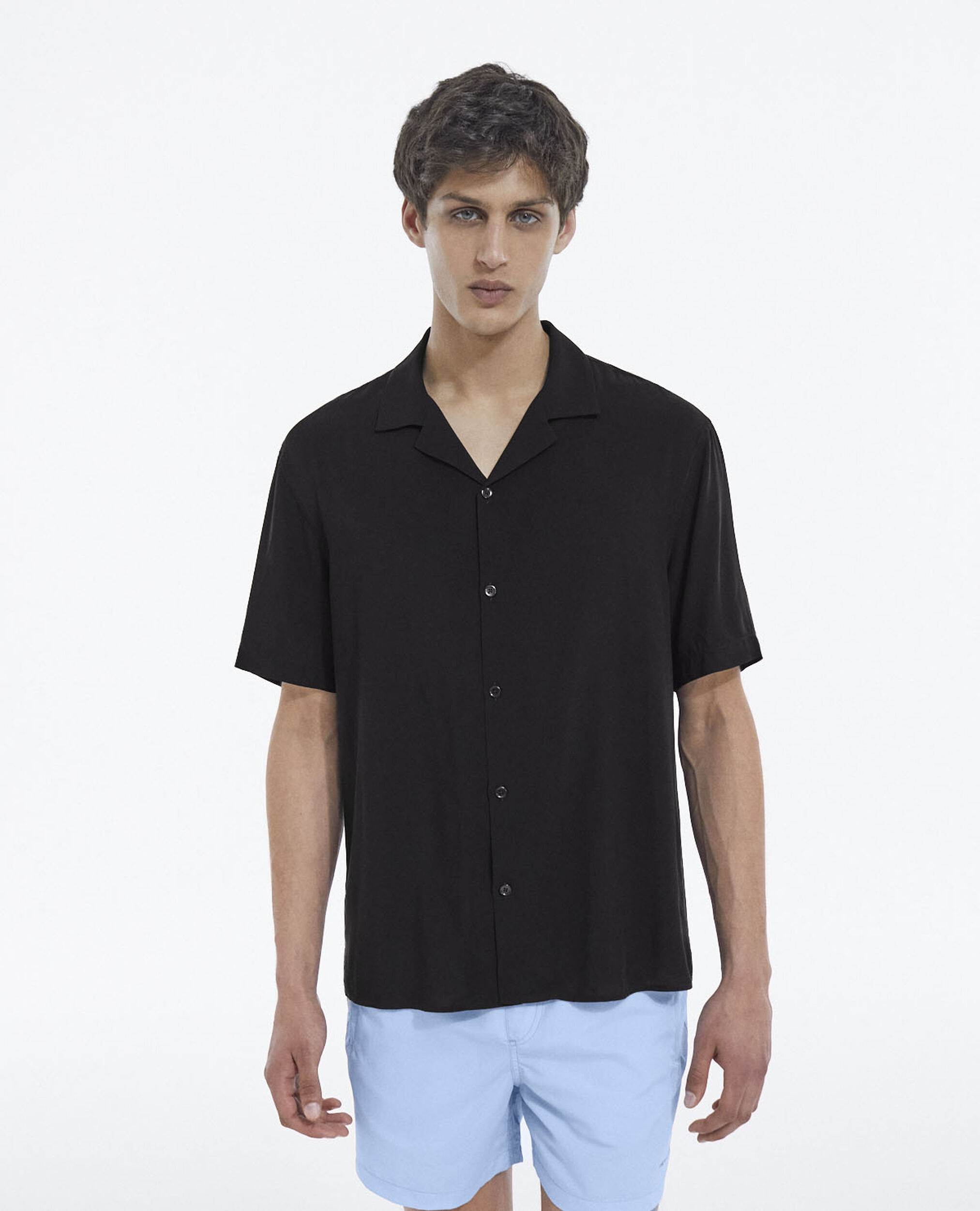 Black loose-fitting buttoned shirt, BLACK, hi-res image number null