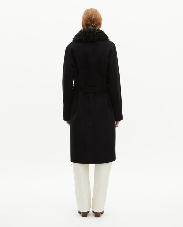 The Kooples WOMEN BLACK long double-faced coat with black sherpa collar