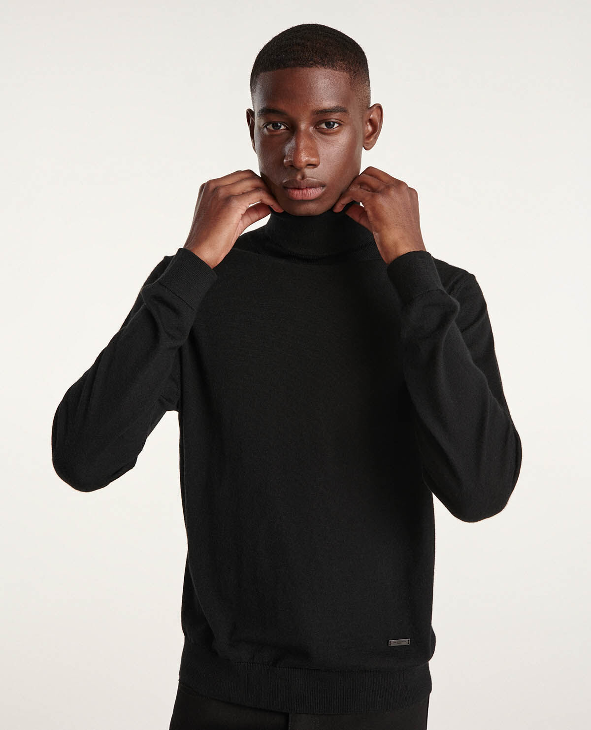 Slim black wool turtleneck sweater w leather The Kooples UK