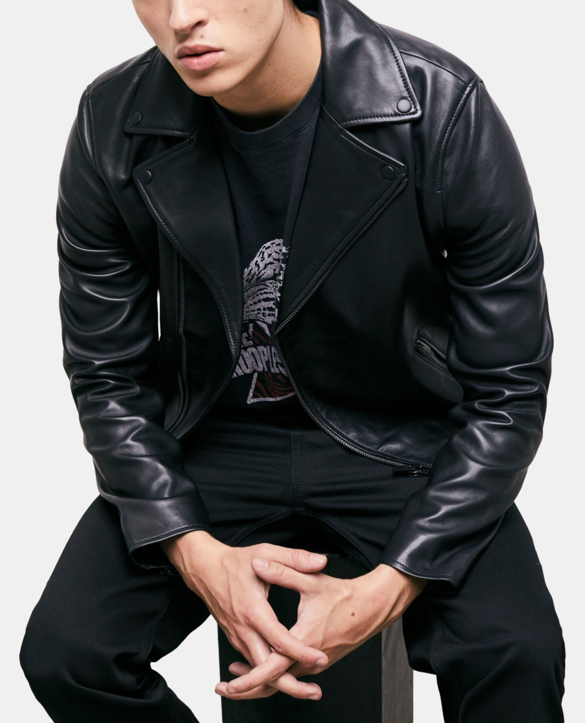 Blouson en cuir noir, BLACK, hi-res image number null