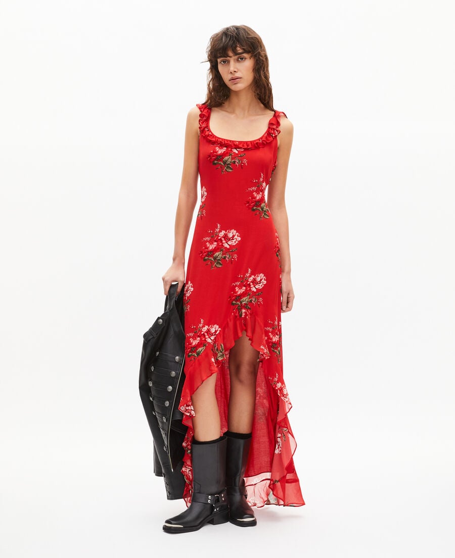 The Kooples F RED / GREEN red floral print long dress with ruffles