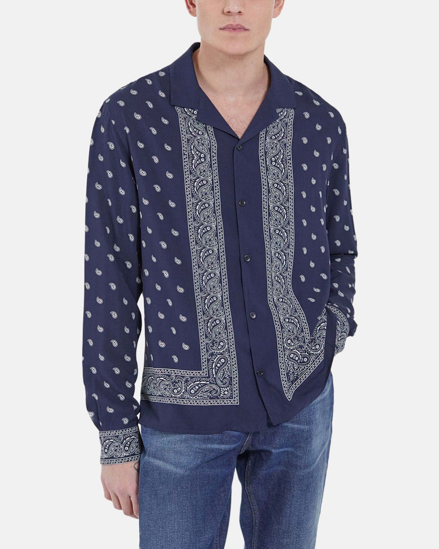 Navy printed bandana shirt, NAVY / ECRU, hi-res image number null