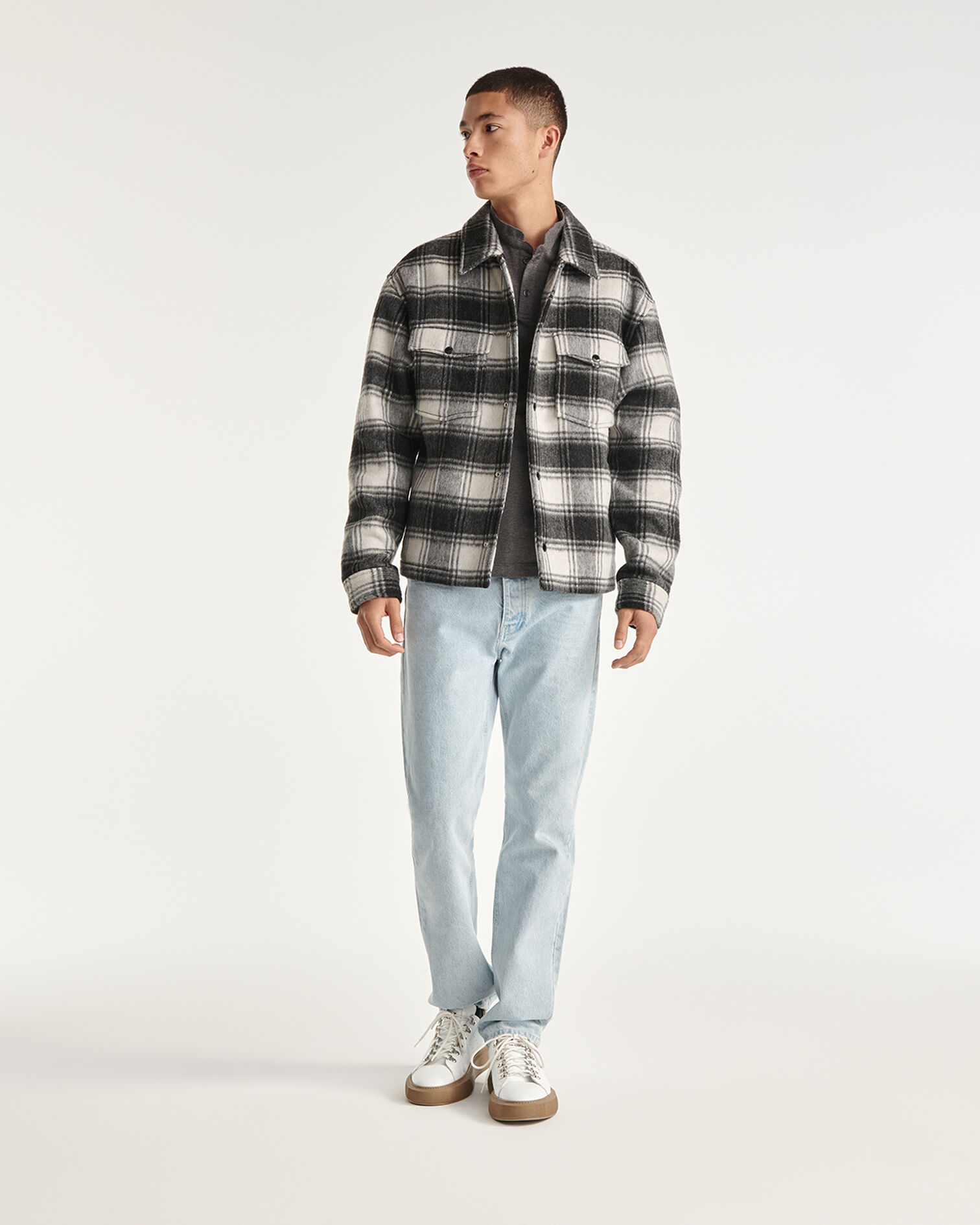 Black and white wool jacket with check motif, BLACK WHITE, hi-res image number null