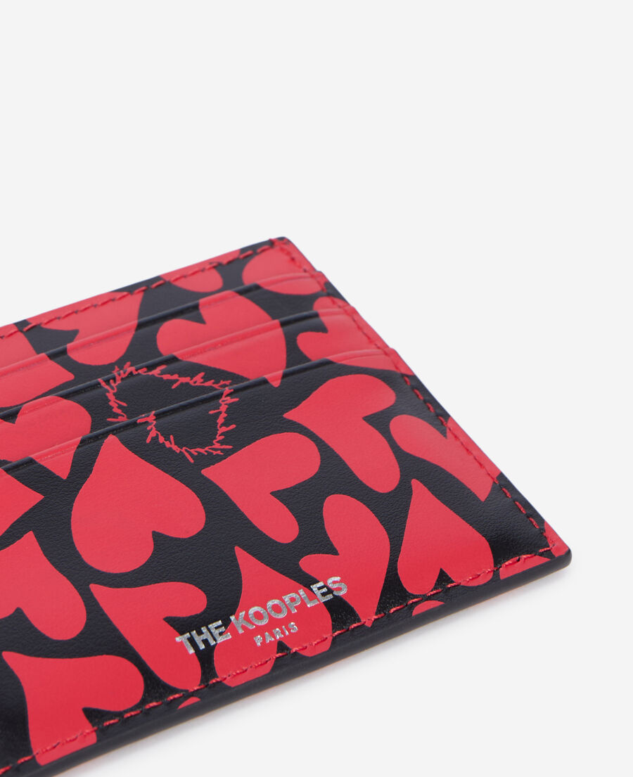 The Kooples WOMEN BLACK WHITE black leather card holder with hearts print