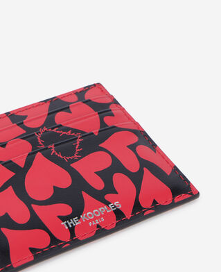 The Kooples WOMEN BLACK WHITE black leather card holder with hearts print