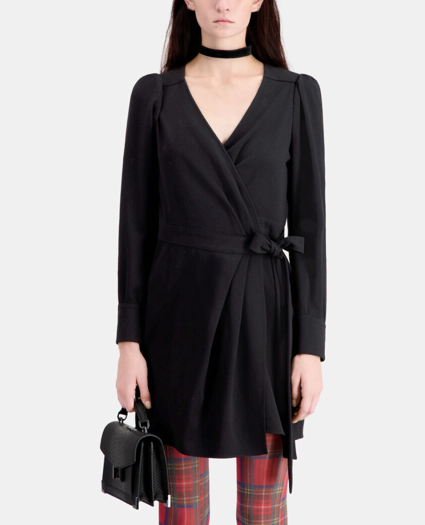 The Kooples FEMME BLACK robe portefeuille courte noire en crêpe