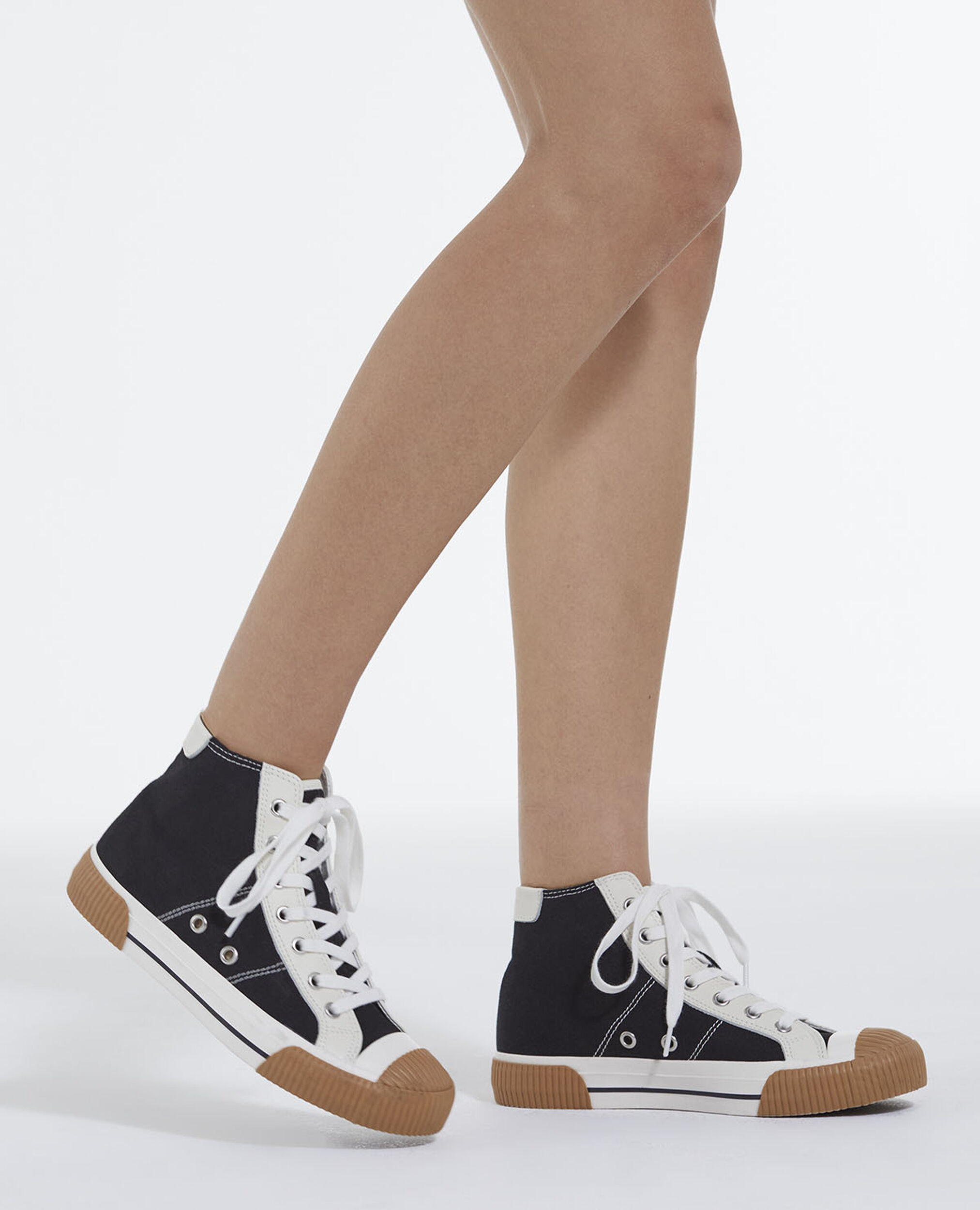 Black high-top lace-up canvas sneakers, BLACK, hi-res image number null