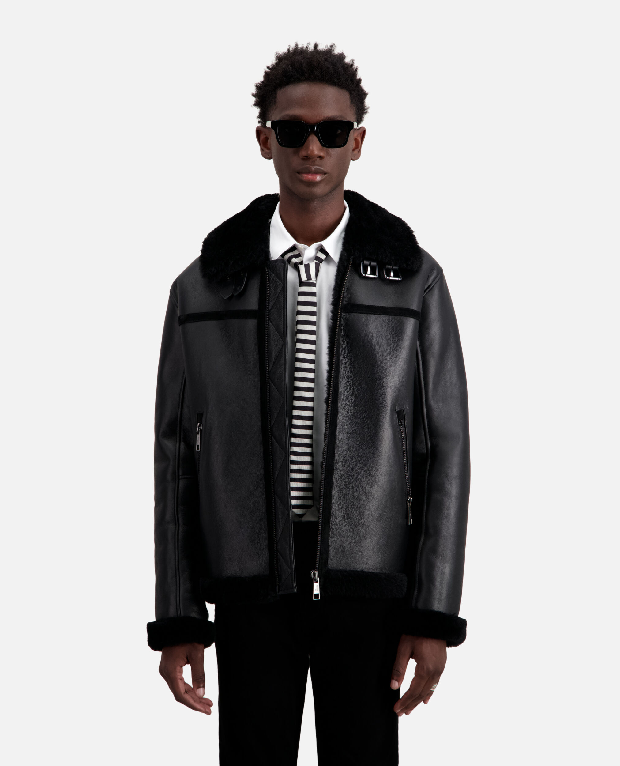 Black shearling jacket, BLACK, hi-res image number null