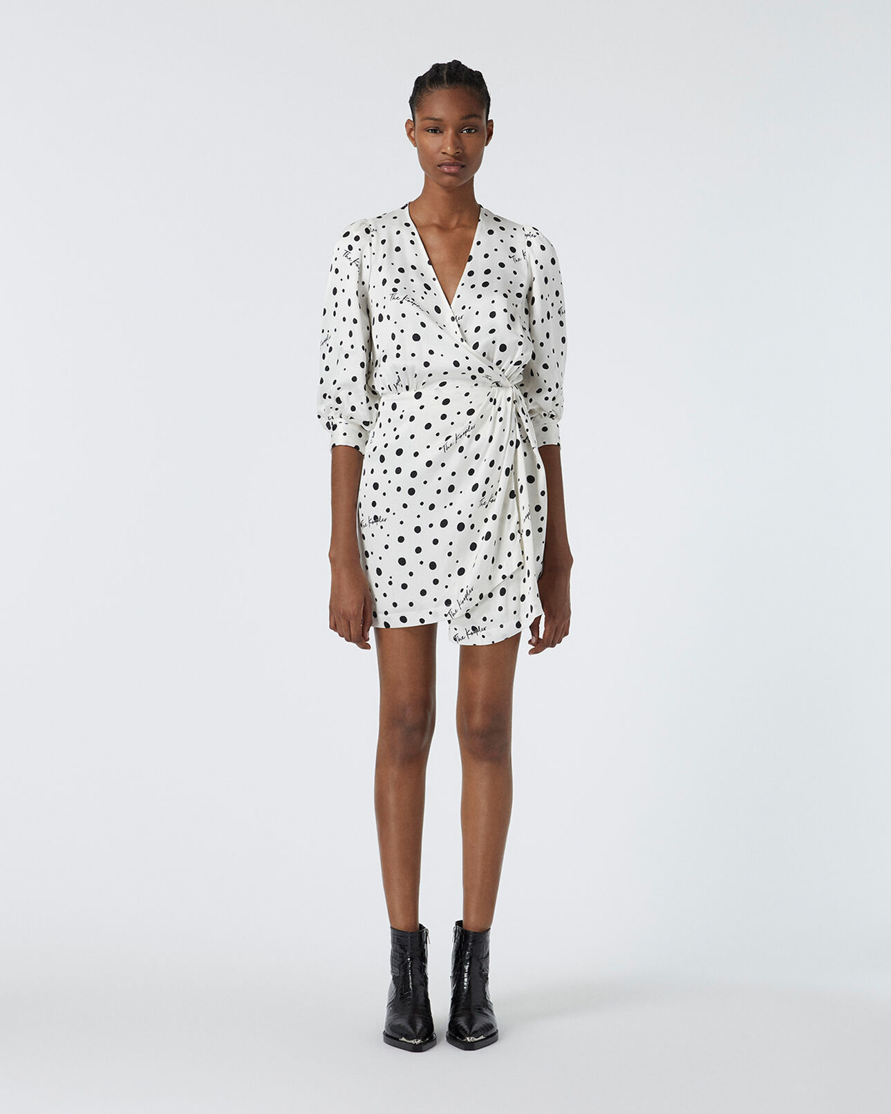 The Kooples FEMME ECRU BLACK robe portefeuille écrue à pois