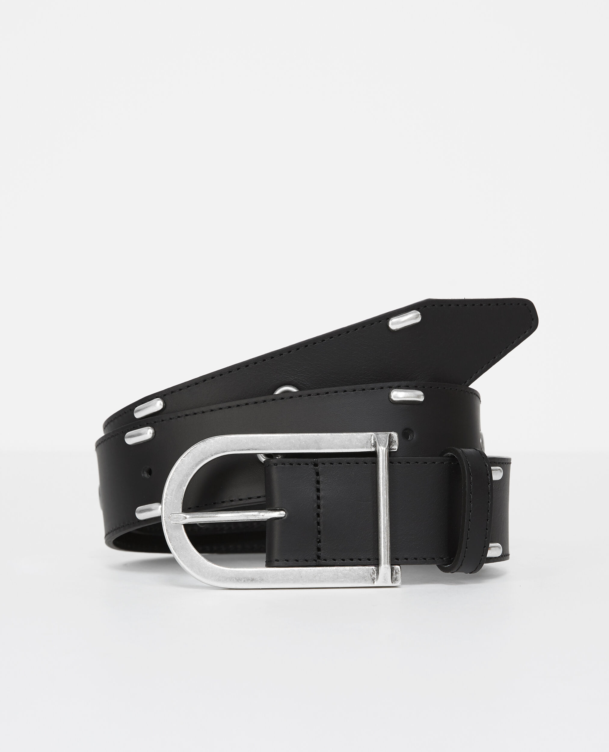 Plain black belt in leather with rivets, BLACK, hi-res image number null