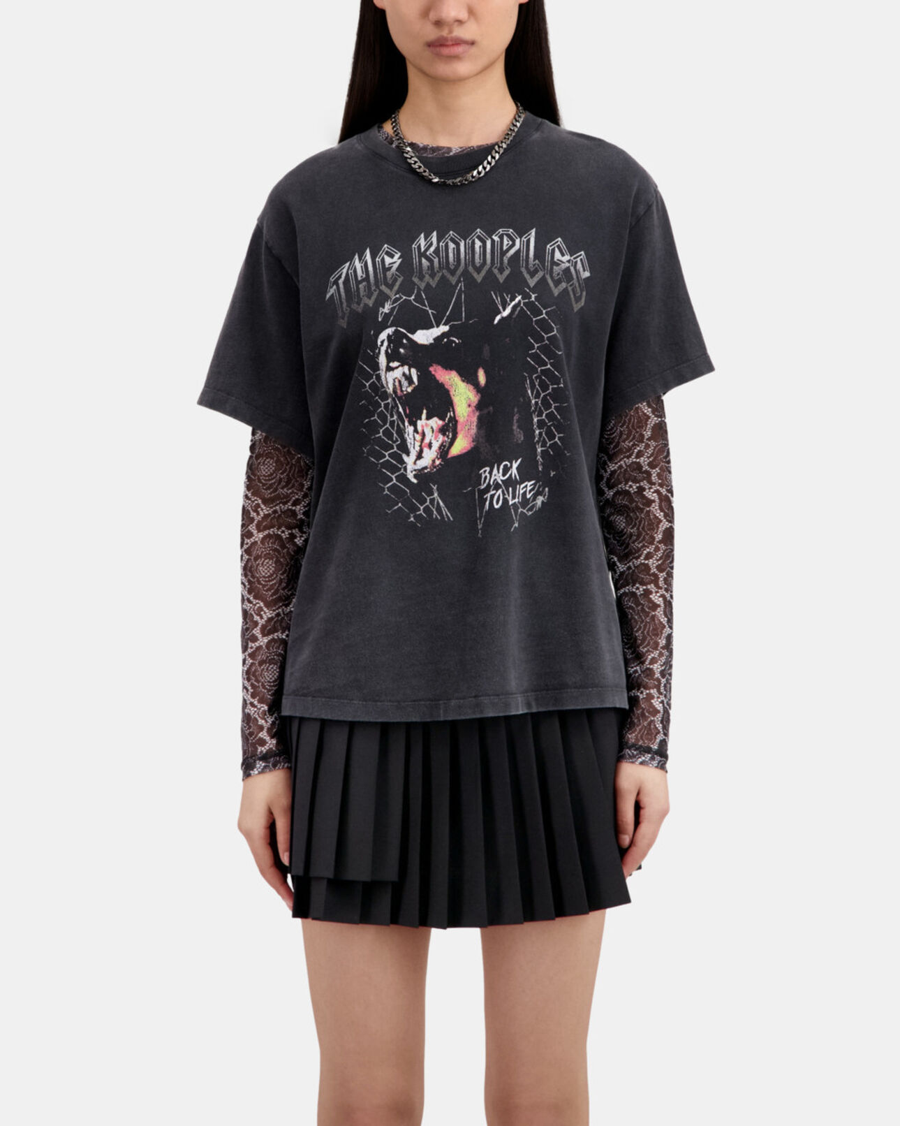 The Kooples DAMEN BLACK WASHED schwarzes t-shirt damen mit barking-dog-siebdruck