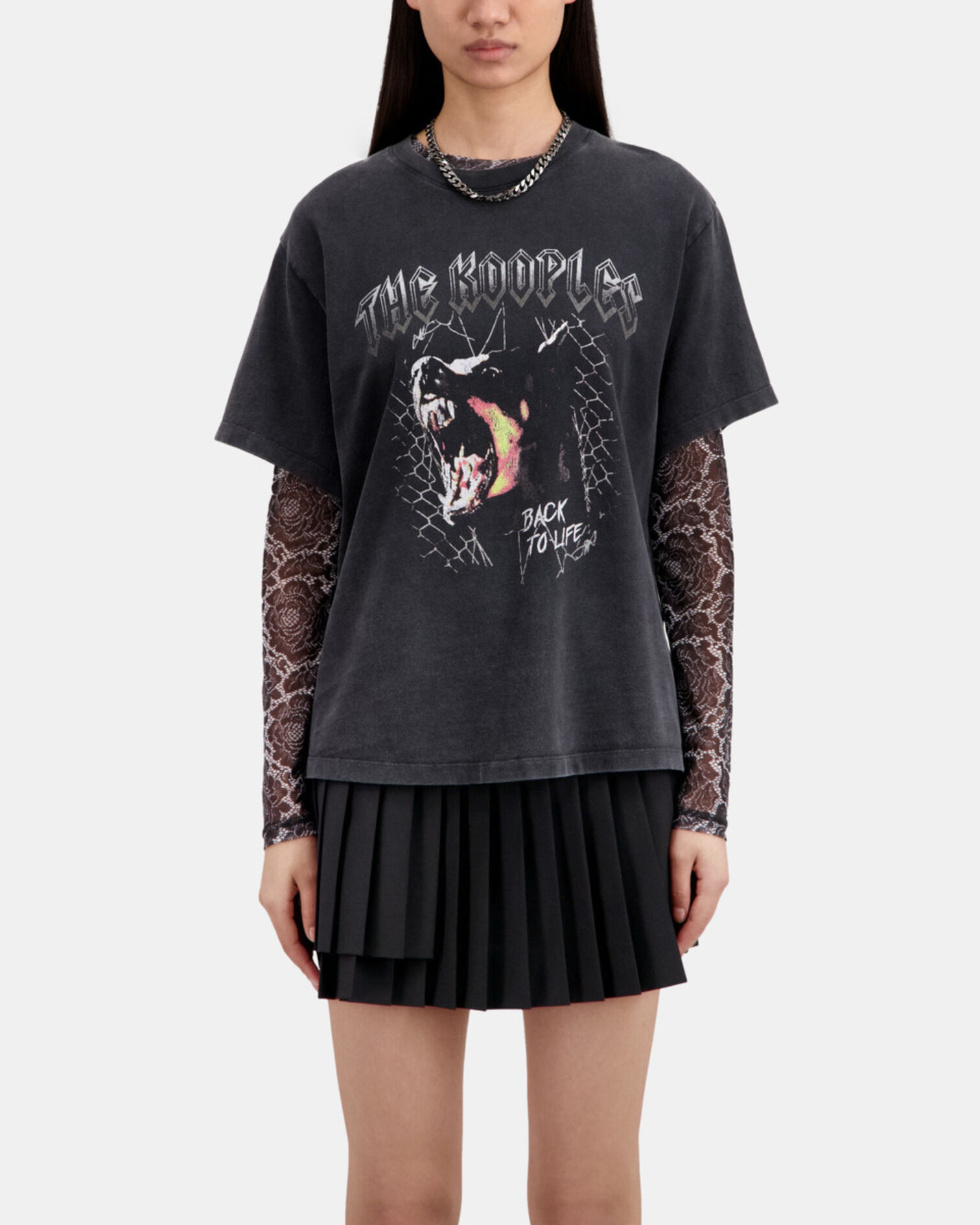 Schwarzes T-Shirt Damen mit Barking-Dog-Siebdruck, BLACK WASHED, hi-res image number null