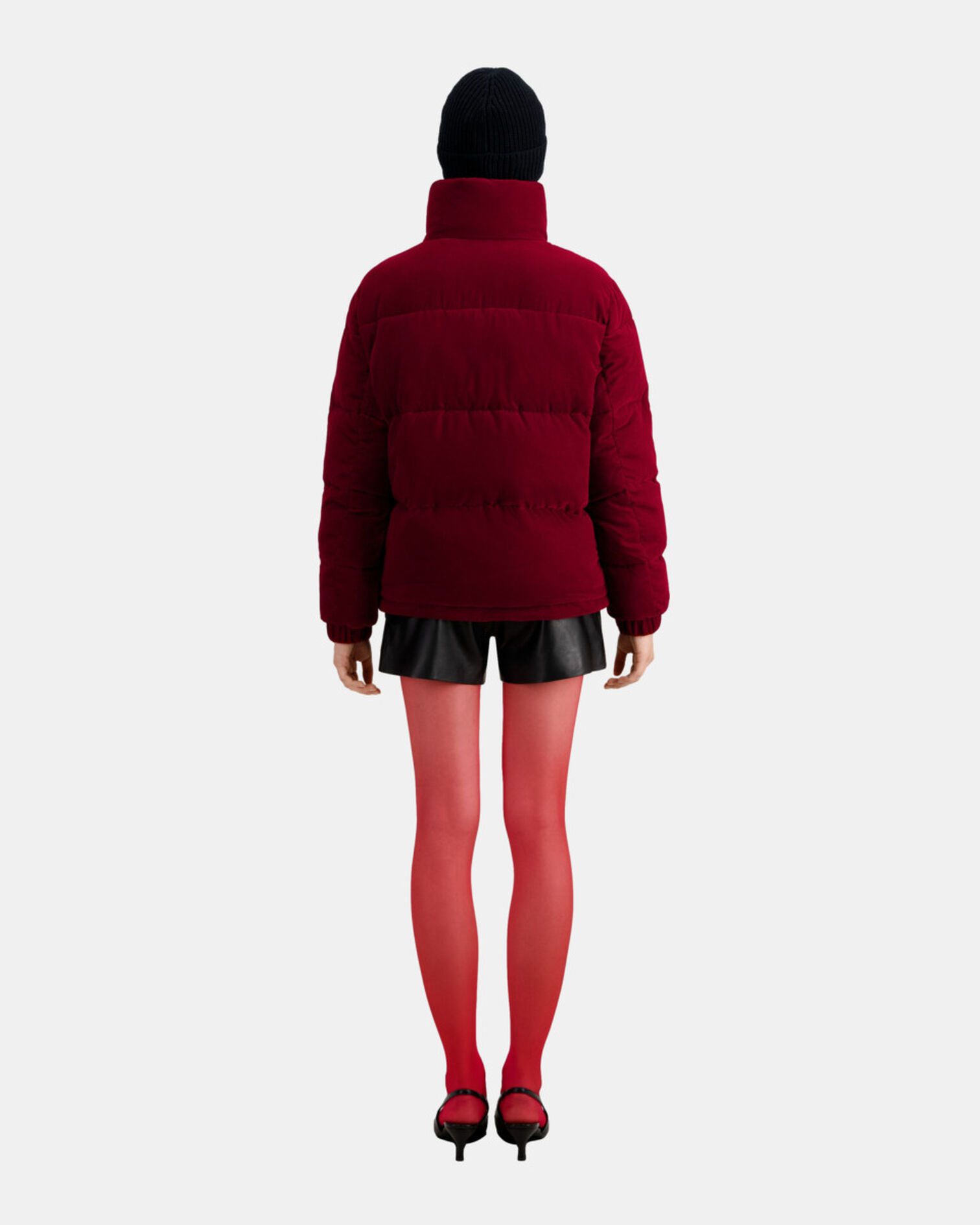 Burgundy velvet puffer jacket, DARK BURGUNDY, hi-res image number null