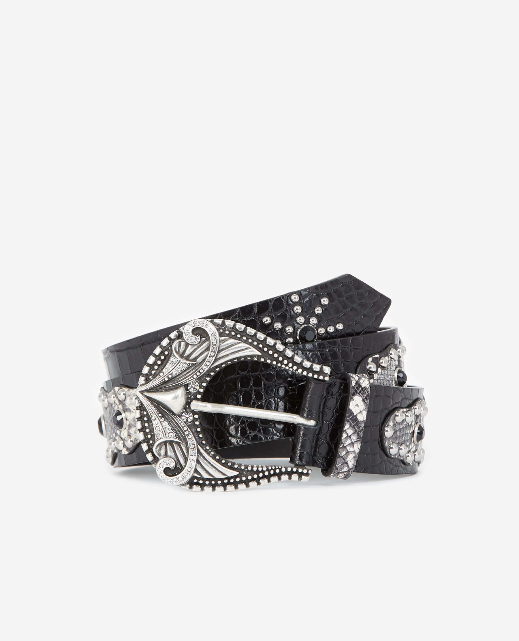 Snake effect black leather belt w rhinestones