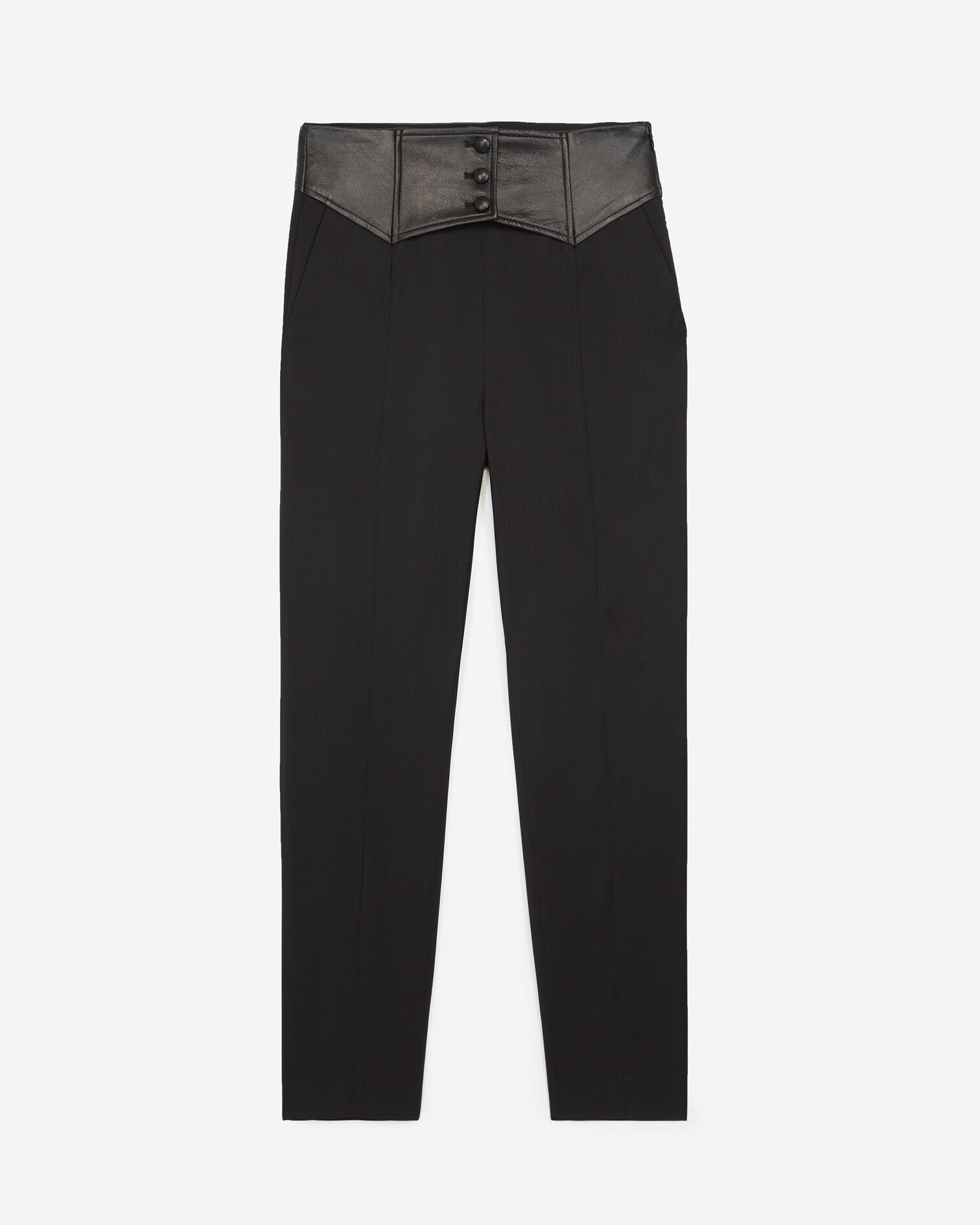 Pantalon taille haute noir laine détails cuir, BLACK, hi-res image number null