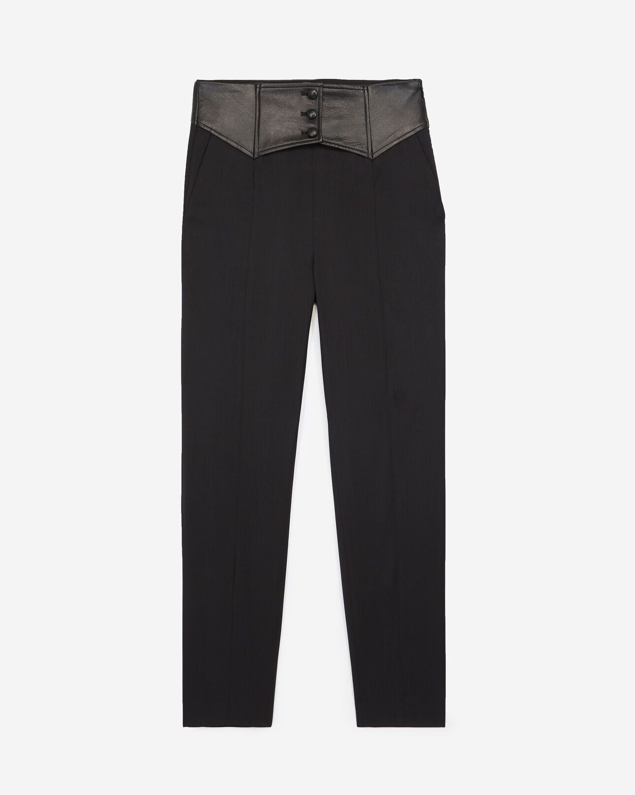 The Kooples FEMME BLACK pantalon taille haute noir laine détails cuir