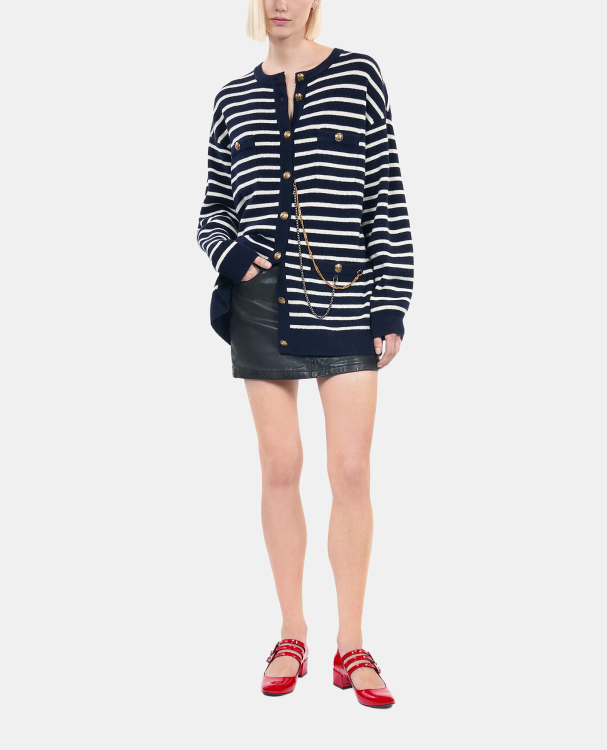 Strickjacke aus Wolle mit Streifen, WHITE / BLUE, hi-res image number null