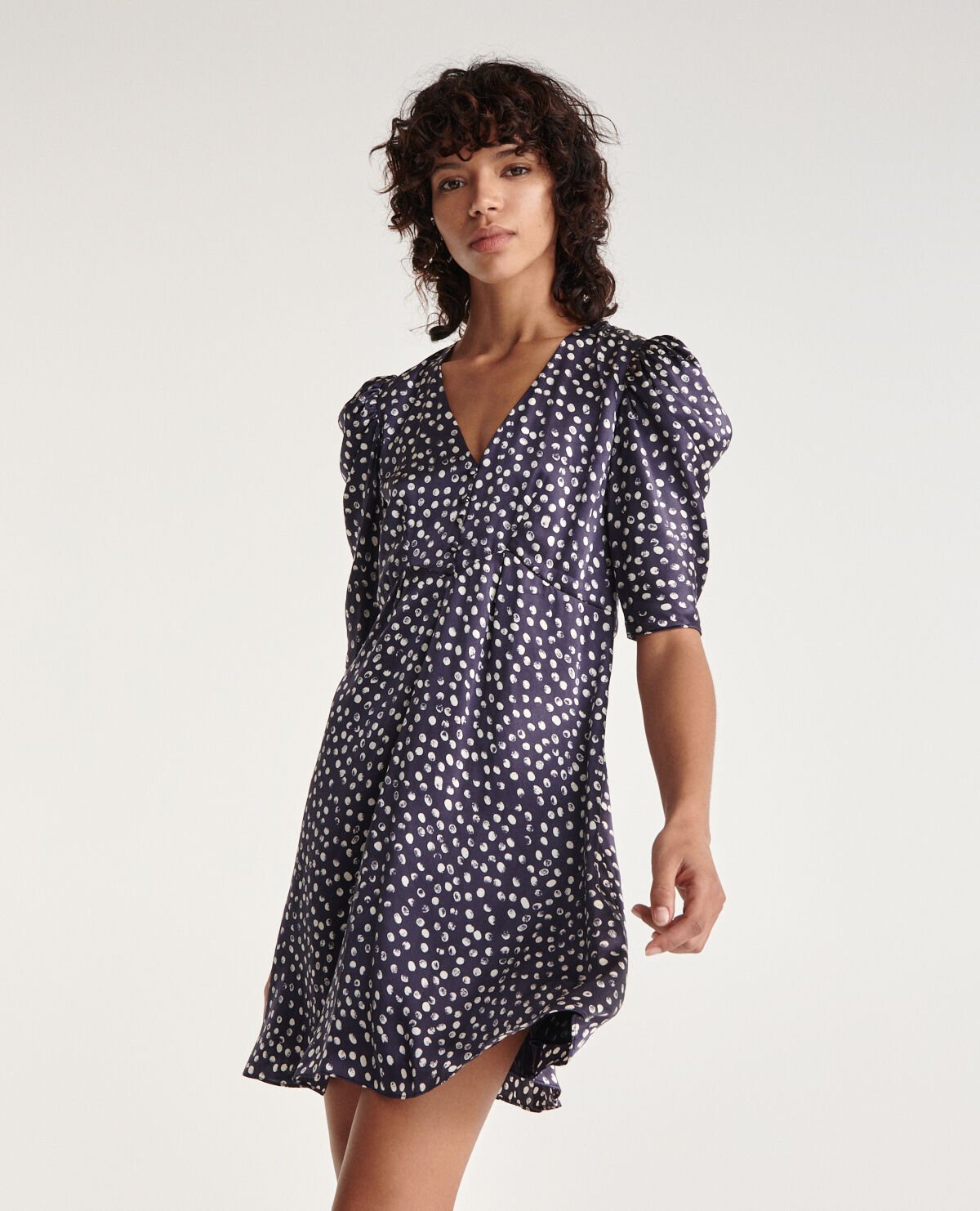 Short navy blue printed silk dress The Kooples
