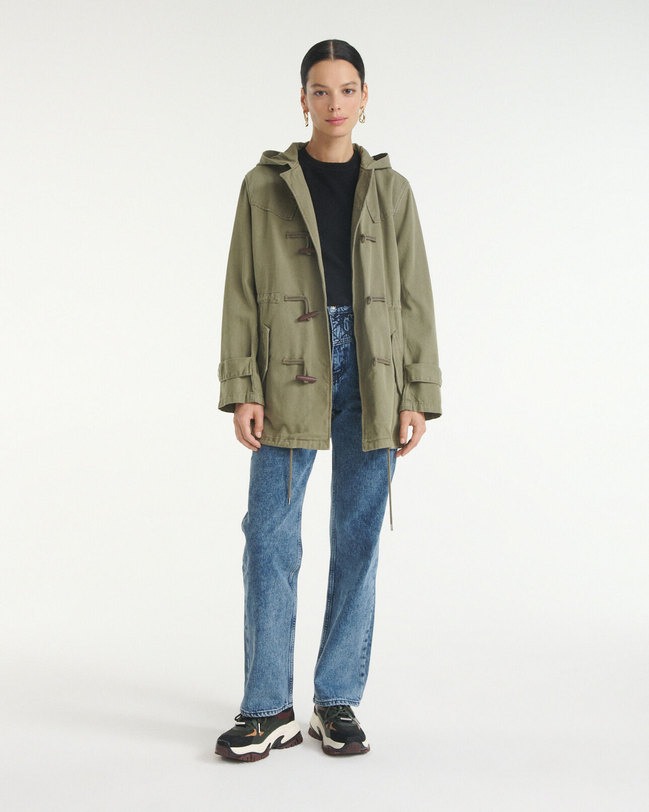 The Kooples WOMEN OLIVE khaki mid-length hooded denim parka