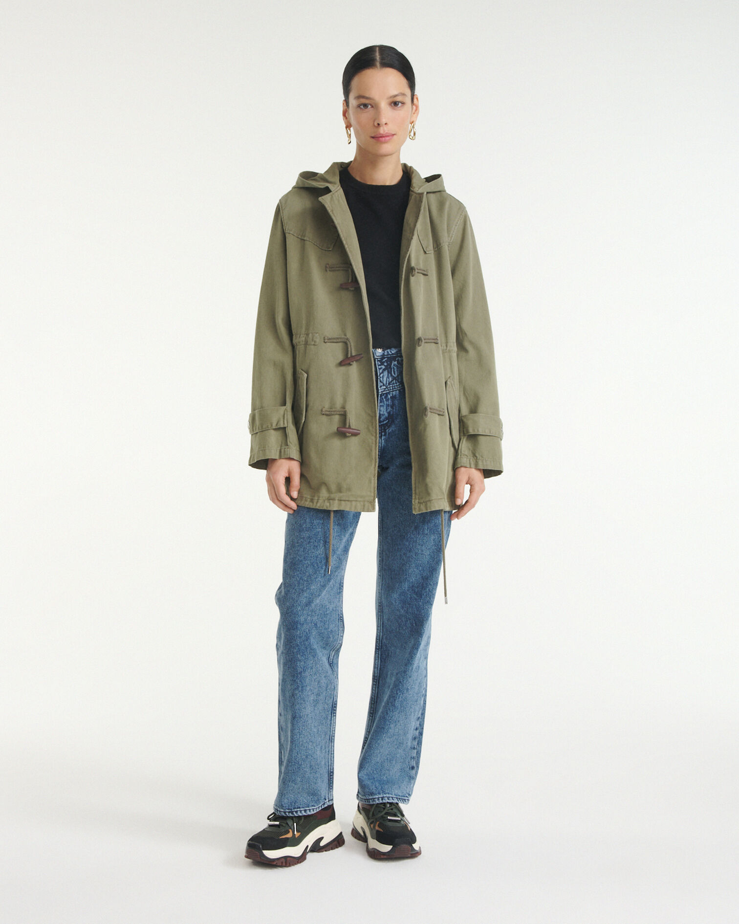 Khaki mid-length hooded denim parka, OLIVE, hi-res image number null
