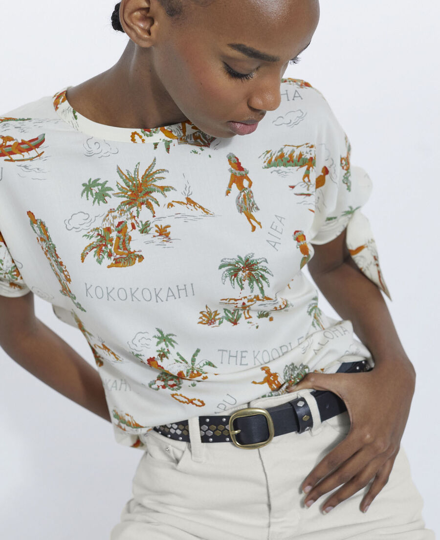flowing printed white top with knotted details