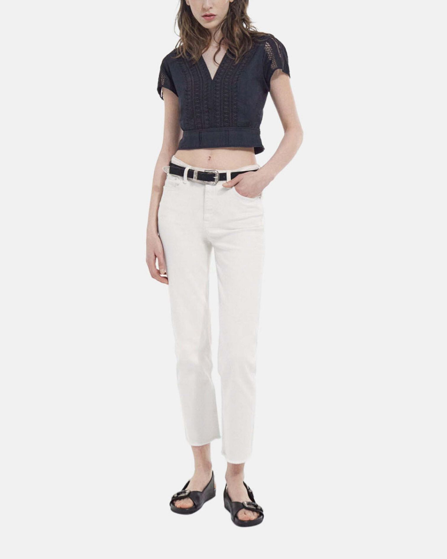 Top ajusté noir coton manches courtes, BLACK, hi-res image number null