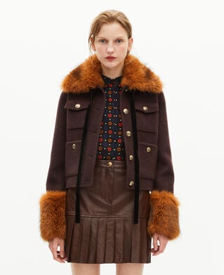 The Kooples WOMEN CHOCOLATE brown short wool jacket with sherpa collar