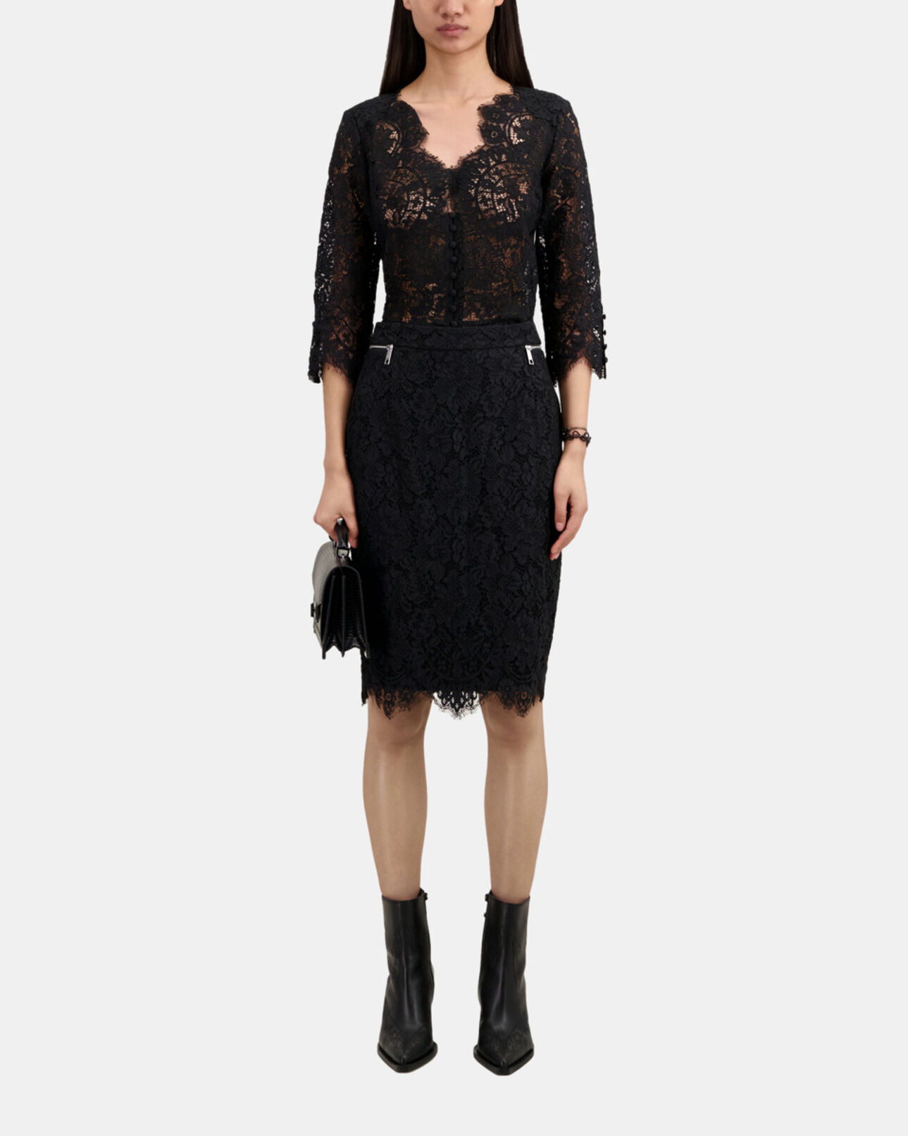 The Kooples WOMEN BLACK black lace mid-length pencil skirt