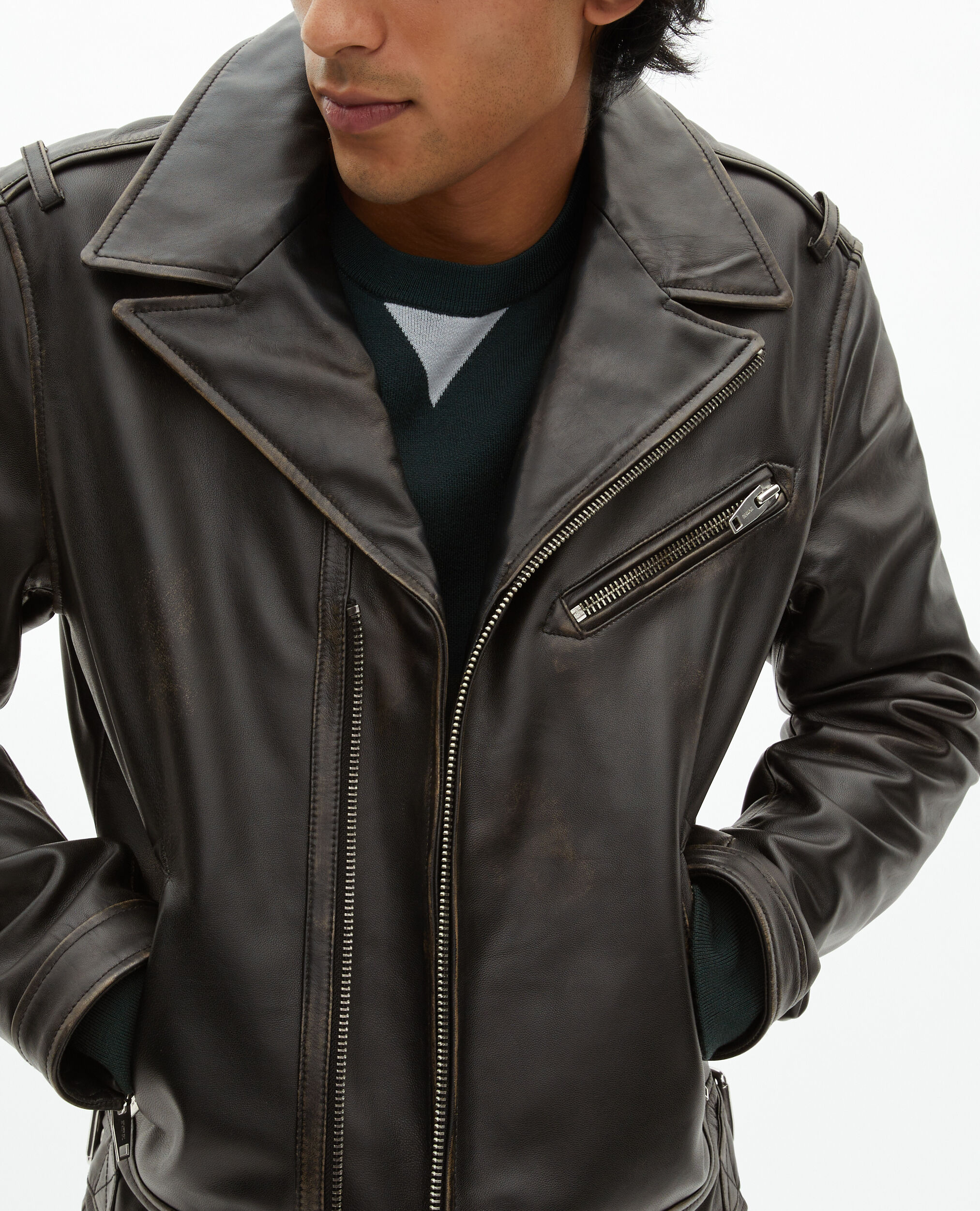 Black leather biker jacket, BLACK USED LIGHT, hi-res image number null