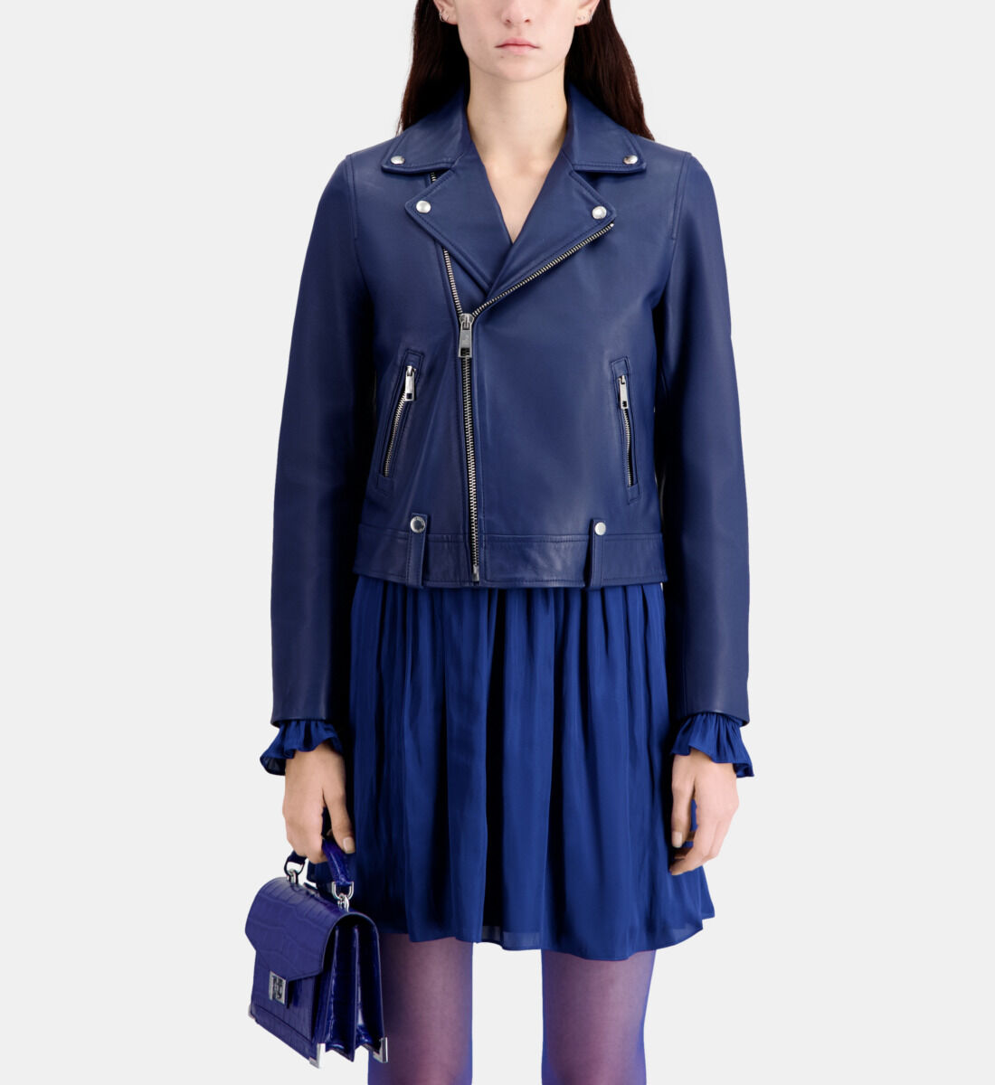 Blue leather biker jacket The Kooples Canada