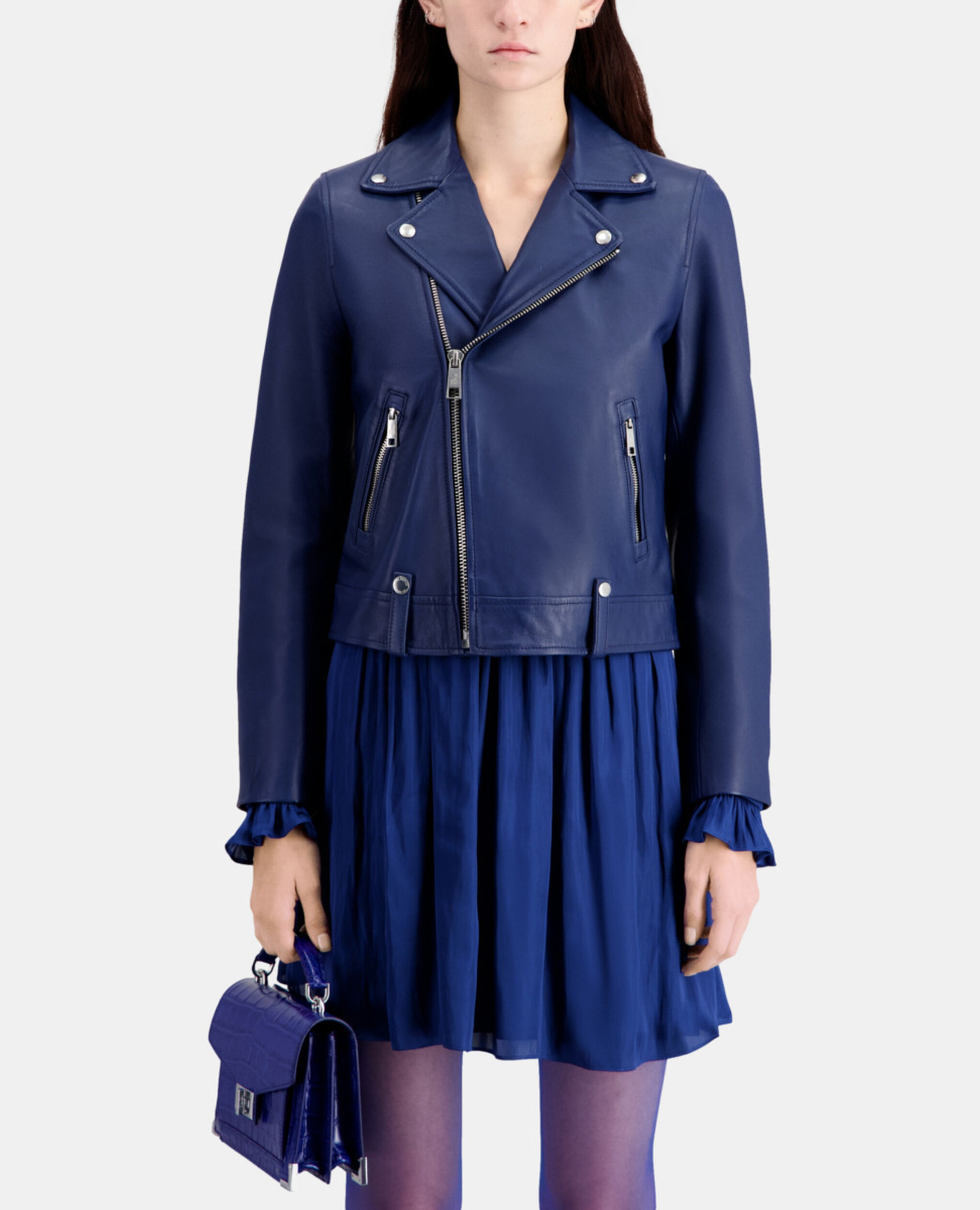 Blaue Biker-Jacke aus Leder, ROYAL BLUE - DARK NAVY, hi-res image number null