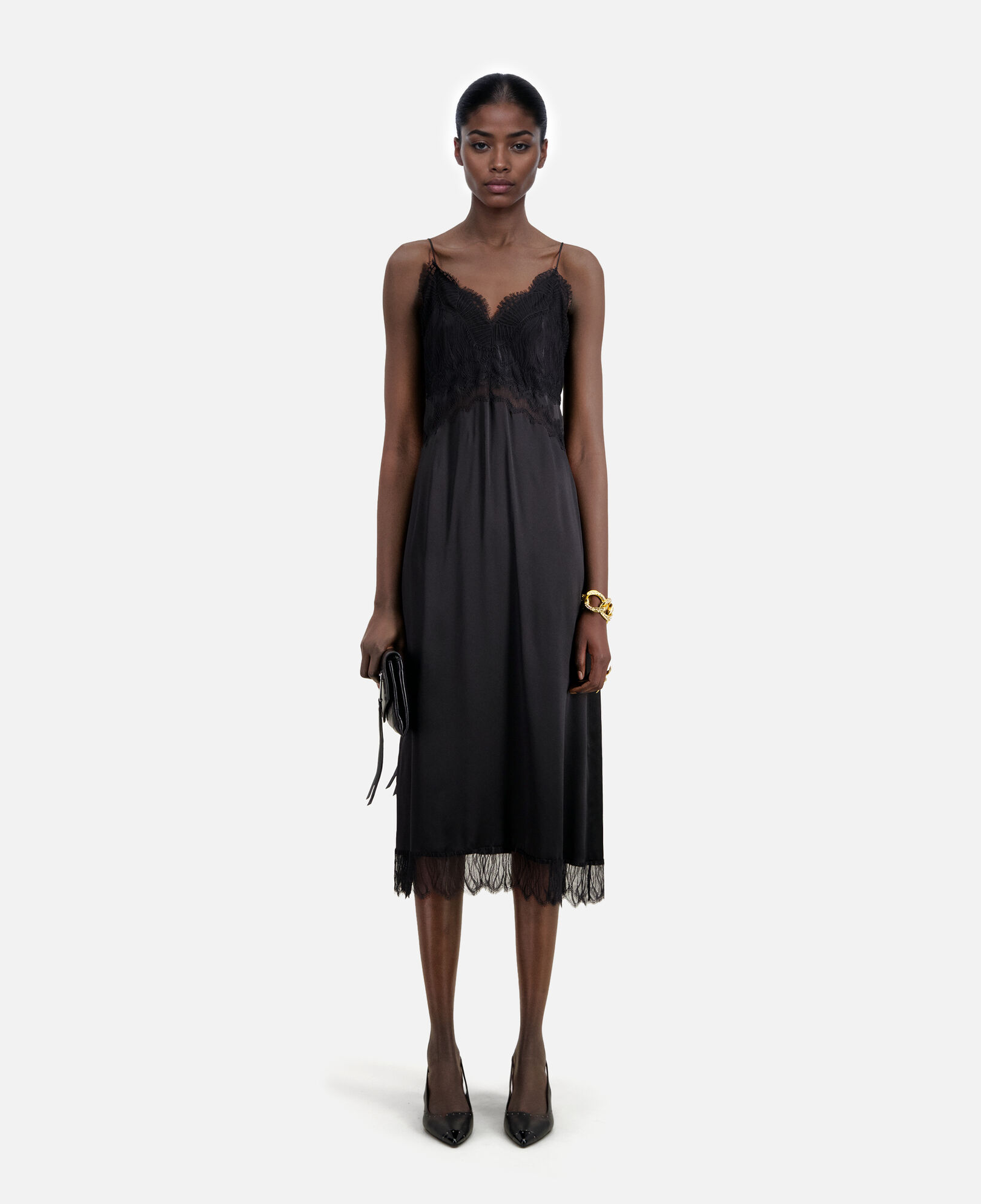 The Kooples MUJER BLACK vestido lencero largo seda negro encaje