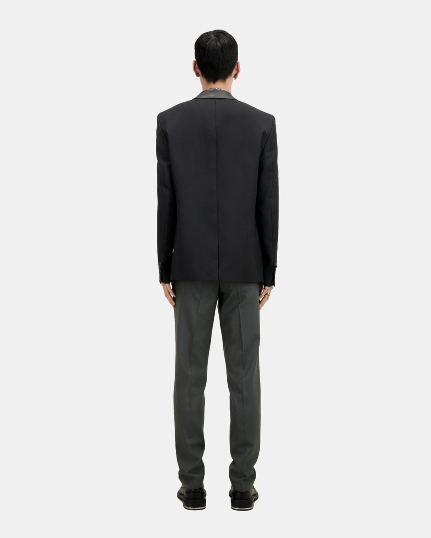 Black wool blazer with leather details, BLACK, hi-res image number null