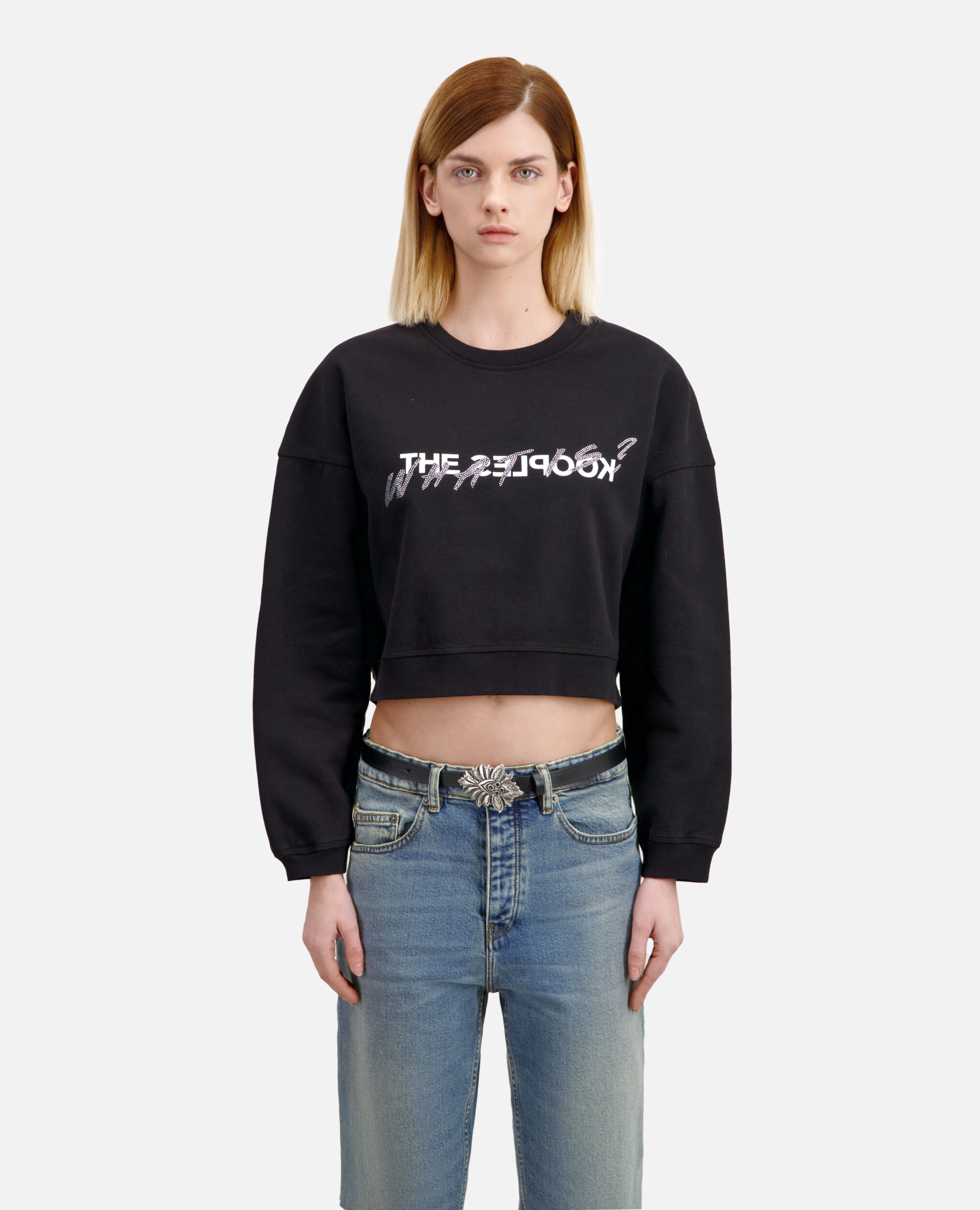Short black What is sweatshirt with rhinestones, BLACK, hi-res image number null