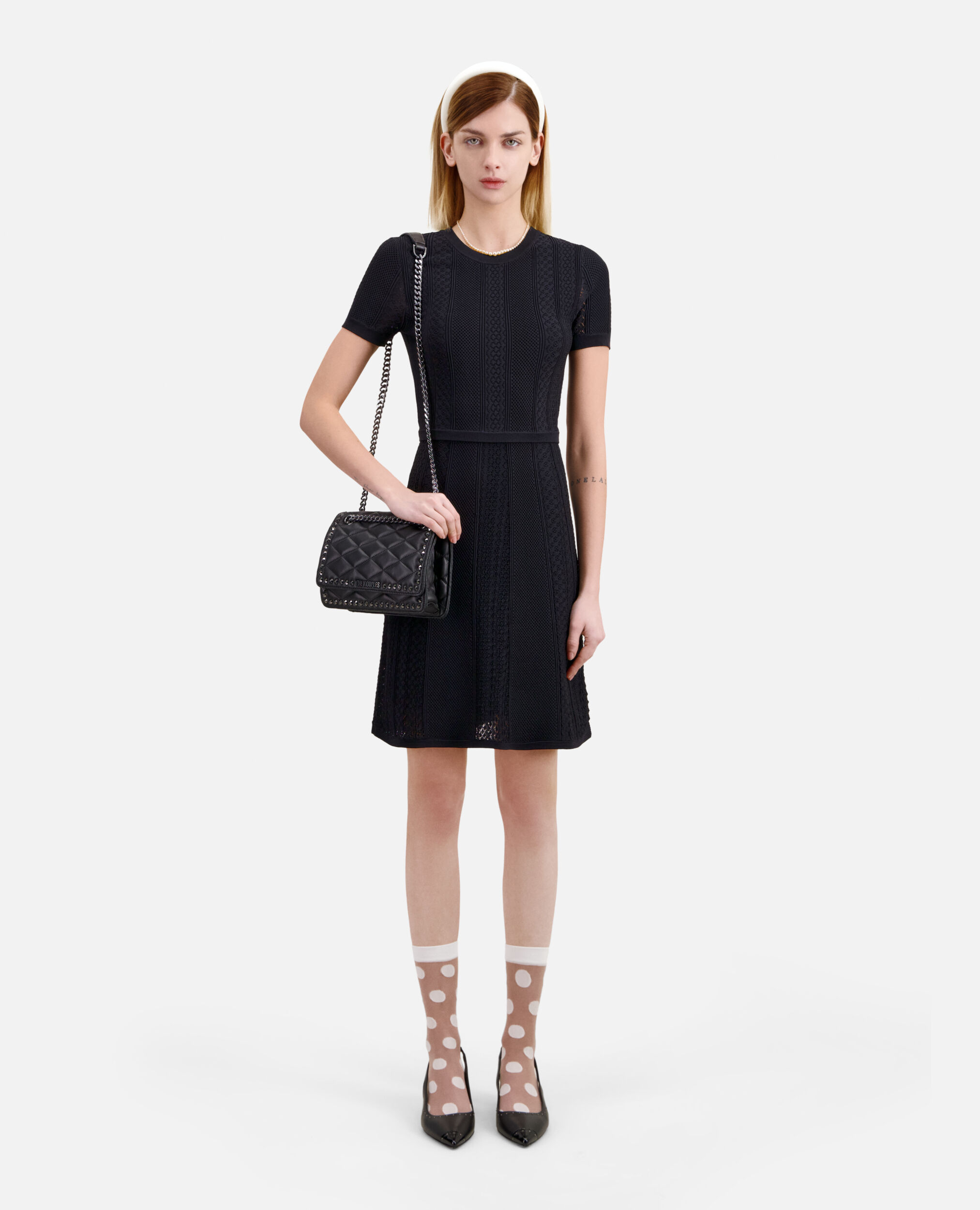 Short black openwork knit dress, BLACK, hi-res image number null