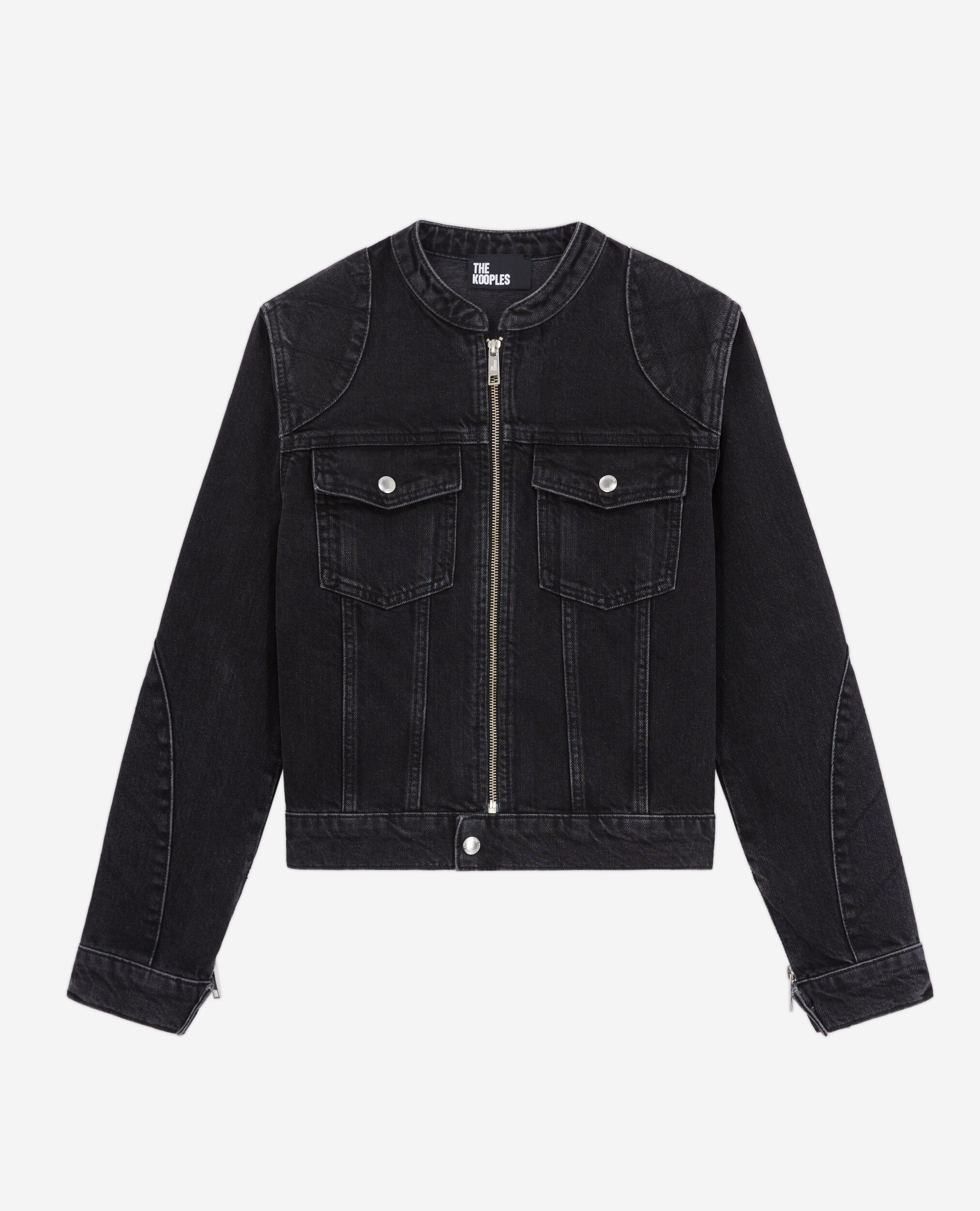 Black denim biker jacket, BLACK WASHED, hi-res image number null