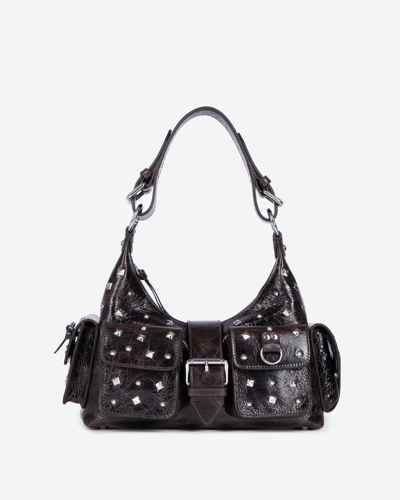 The Kooples FEMME BROWN sac amelia clouté en cuir craquelé marron