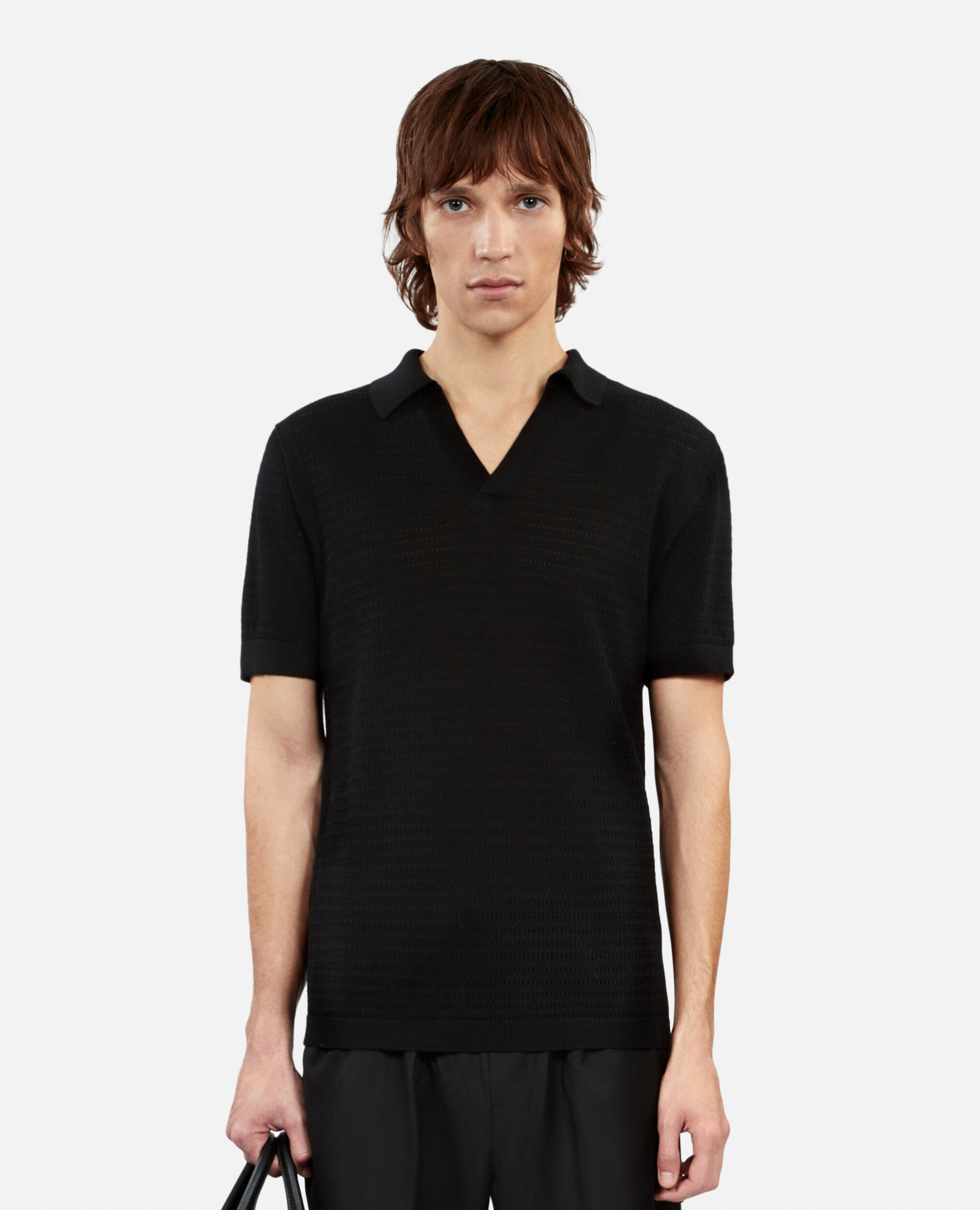 Black openwork knit polo t-shirt, BLACK, hi-res image number null