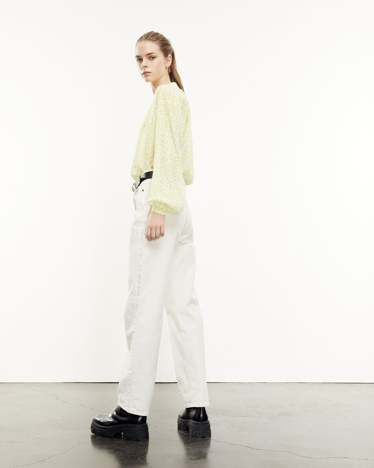 The Kooples FEMME WHITE / DEEP YELLOW top fluide blanc et jaune à col rond