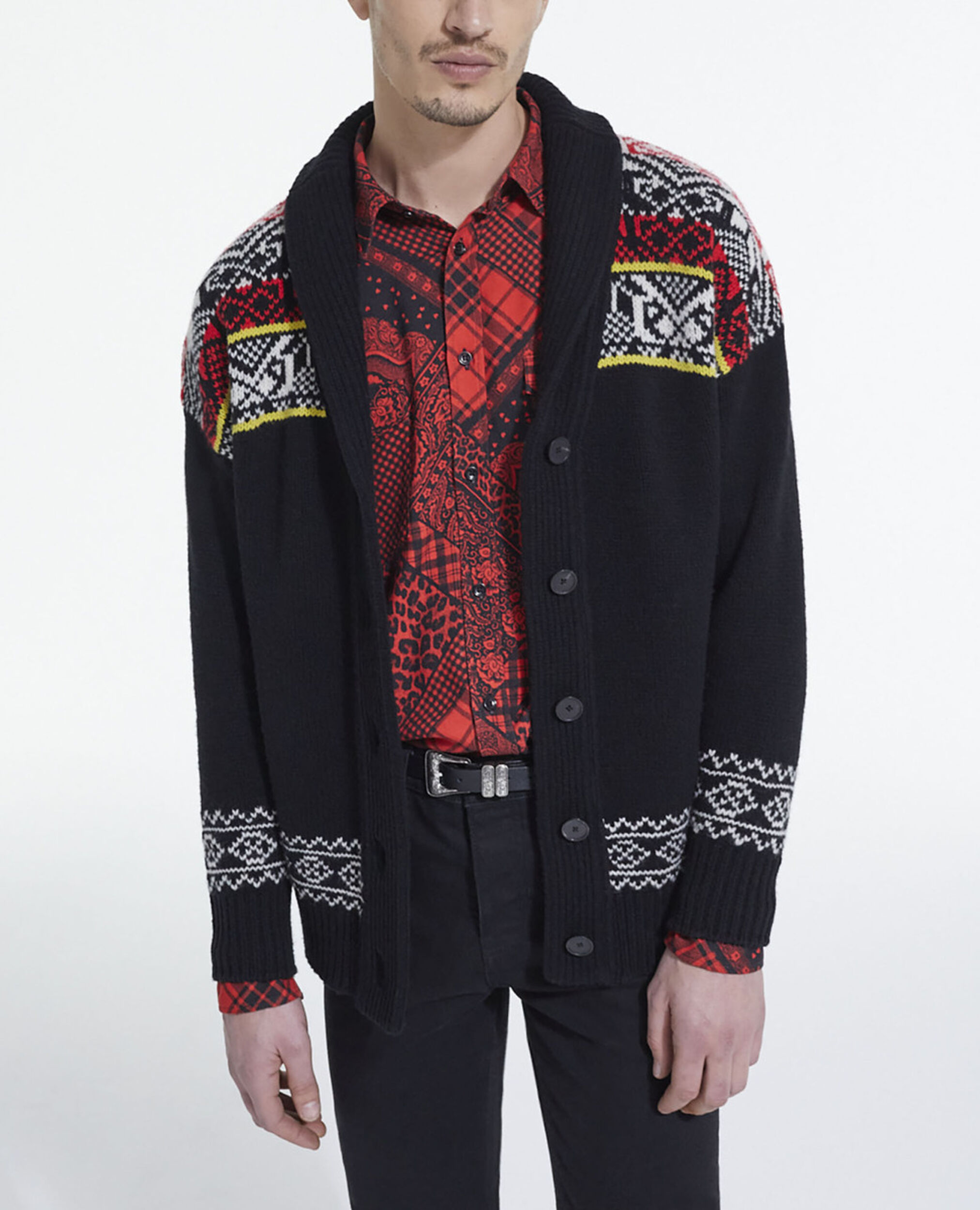 Cardigan en laine à motif, BLACK / RED / YELLOW, hi-res image number null